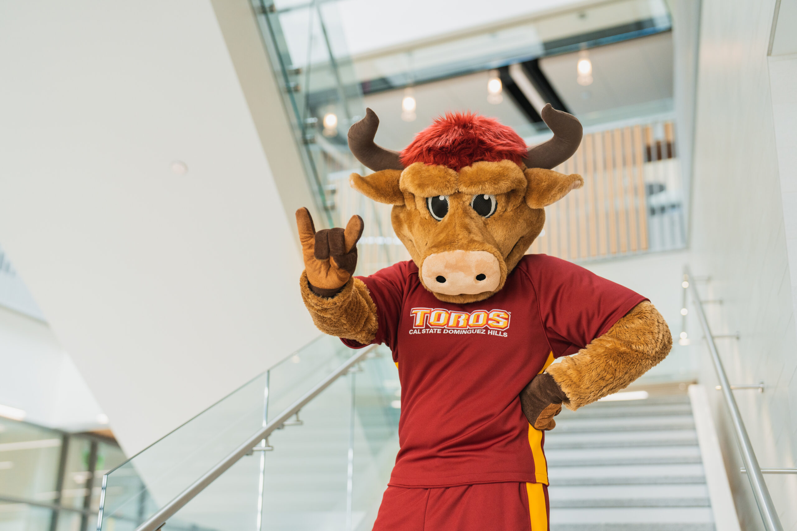Photo of person in bull mascot costume on stairs.