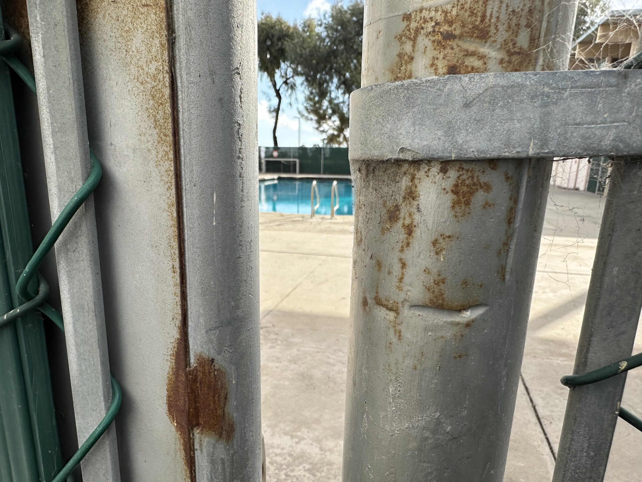 Photo of fence in front of swimming pool.