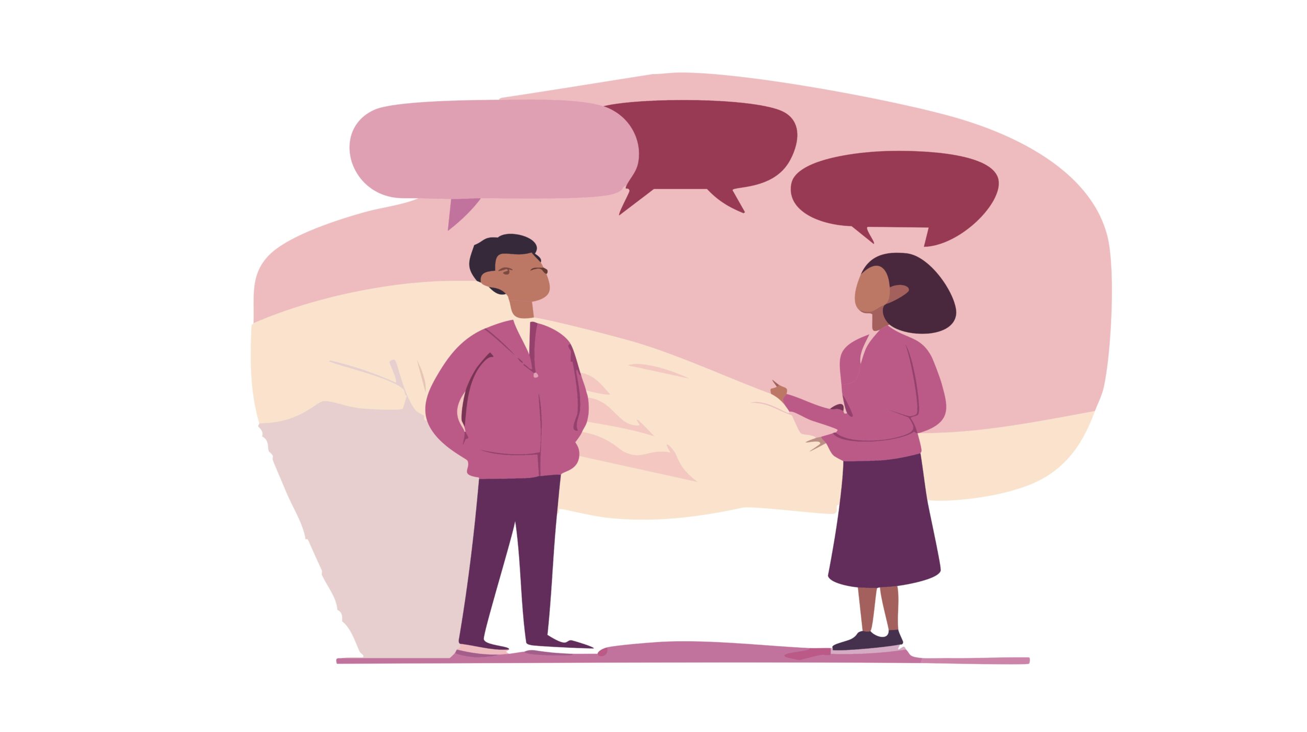 Digital illustration in purple and maroon of two people talking with speech bubbles.