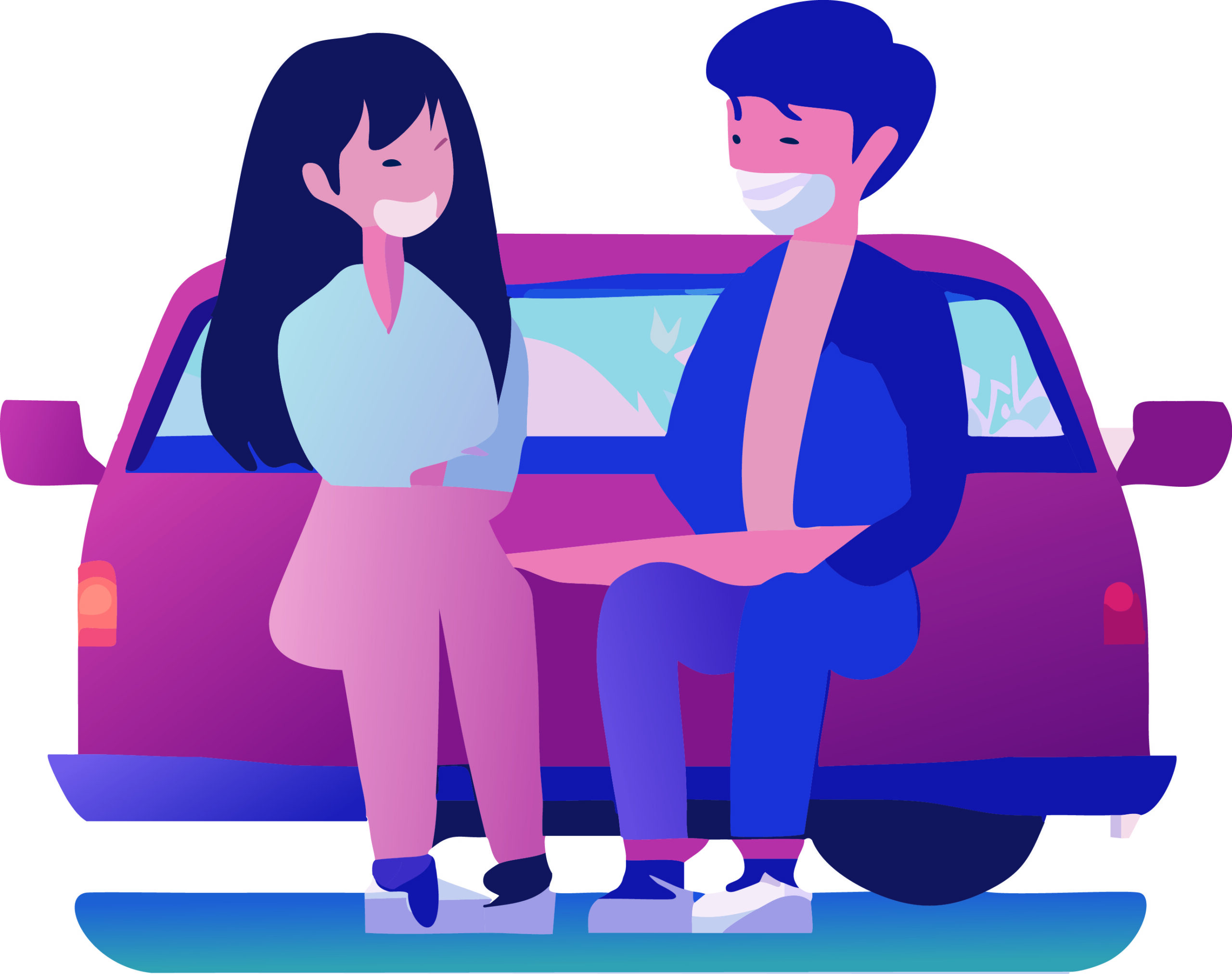 Digital illustration of two people sitting on a car talking.