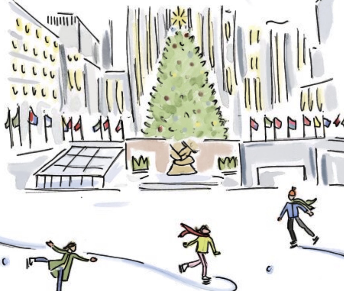 Pen and ink illustration of people ice skating around a christmas tree.