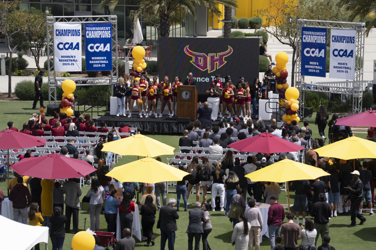 CSUDH students, athletes, and cheer team gather on the North Lawn to celebrate 2024–25 CCAA basketball championships.