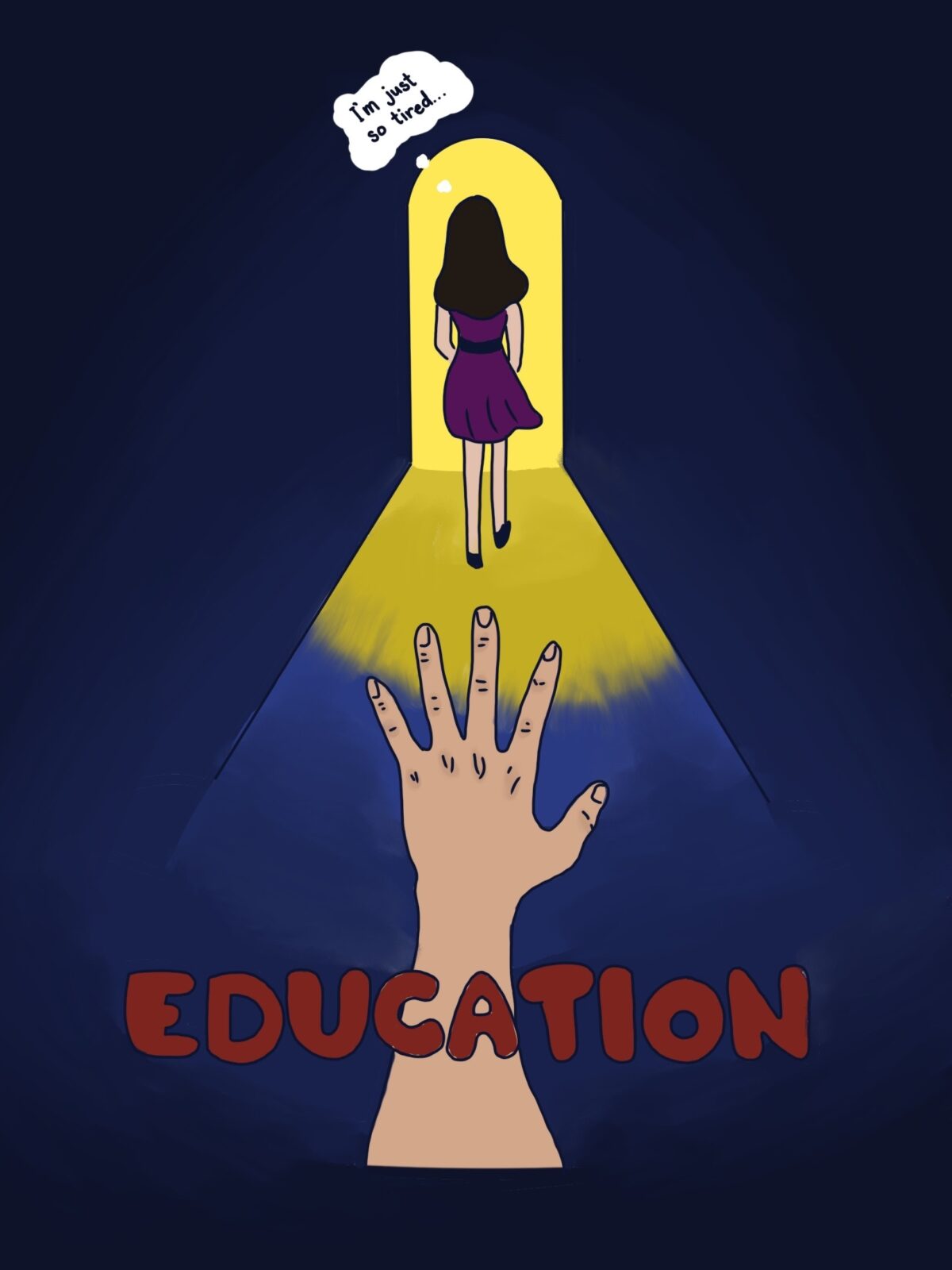 An illustration of a hand reaching out to someone walking out the door. The hand is labeled EDUCATION, while the person walking out the door thinks, "I'm just so tired."