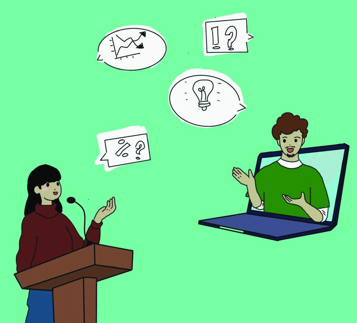 Illustration of two people debating - one person is speaking at the podium and the other is speaking inside a laptop.