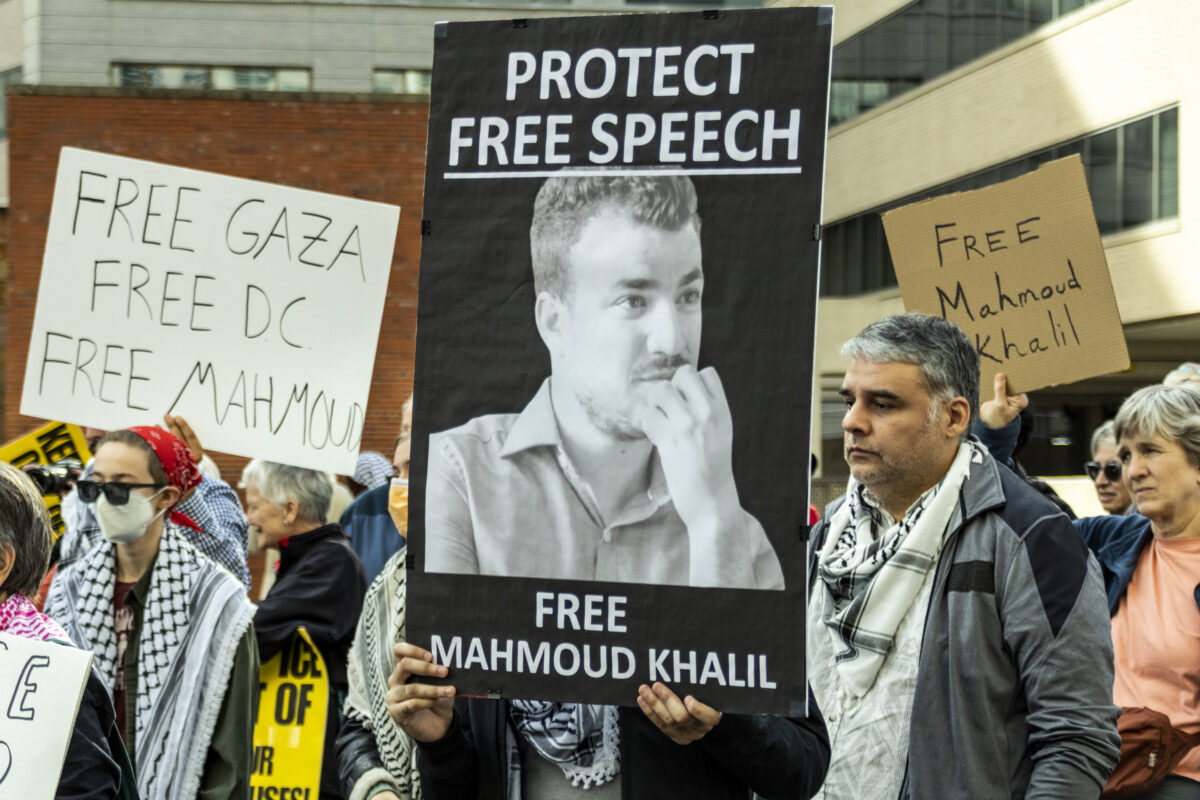 Protesters in Washington, D.C., rally and hold signs calling for release of Columbia University student Mahmoud Khalil.