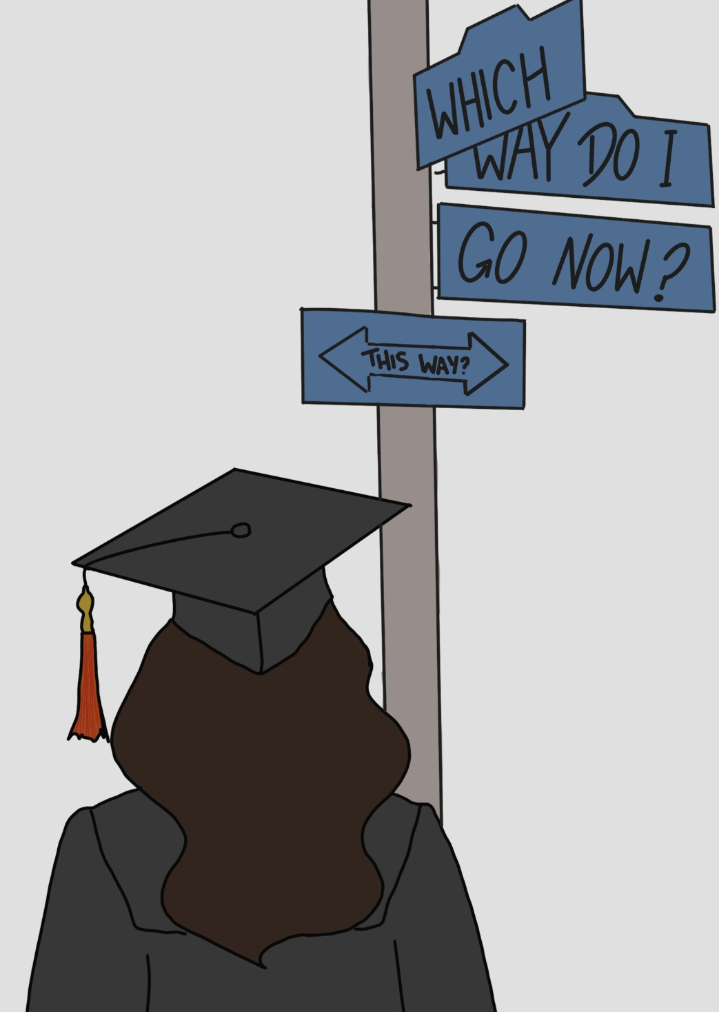 Illustration of a graduate in cap and gown standing at a signpost with arrows reading “WHICH WAY DO I GO NOW?” and “THIS WAY?”, symbolizing uncertainty after graduation.